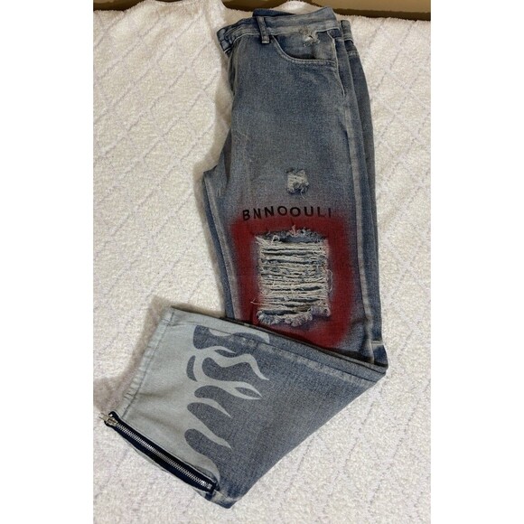 Vtg Custom Women’s Jeans Flames Design Red Paint Distressed 1/4 Zip See Details - Picture 1 of 16